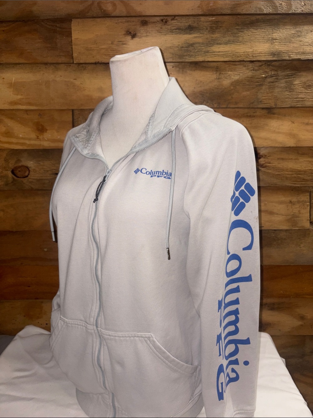 Columbia Light Gray Full Zip Hoodie with Blue Sleeve Logo